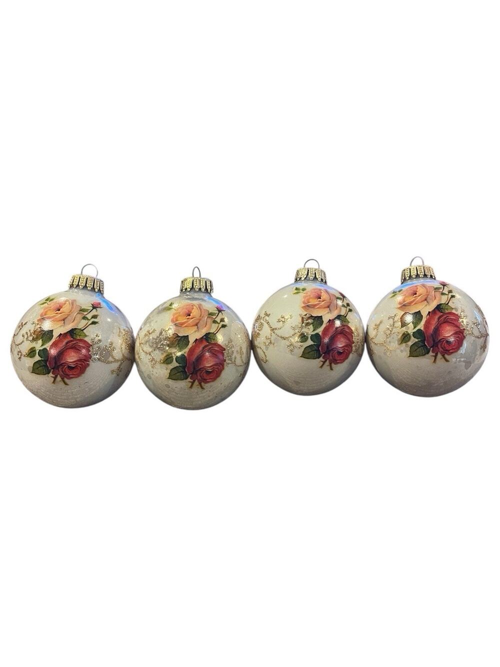 Vtg Christmas By Krebs 4 pcs Ornaments Victorian Rose Glass USA